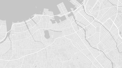 White and light grey Fukuoka City area vector background map, streets and water cartography illustration.