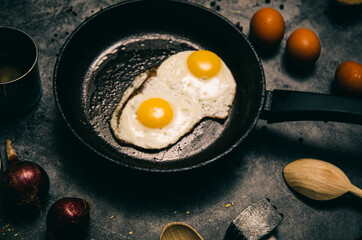 fried eggs in a frying pan