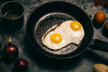 fried eggs in a frying pan