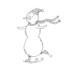 A cheerful snowman in a hat and a scarf is skating. Winter fun. Rink. Christmas Holidays. Vector. Doodle. Hand-drawn illustration. Silhouette. Black and white outline. Coloring.