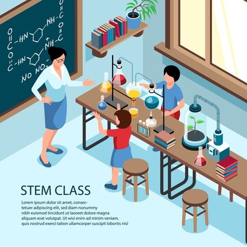Illustration School Classroom Children Doing Laboratory Experiments With Teacher