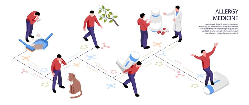 Isometric Infographics With Different Allergens People Taking Allergy Relief Medicine