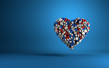 Multi-colored medical pills in the shape of a heart on blue. 3d render