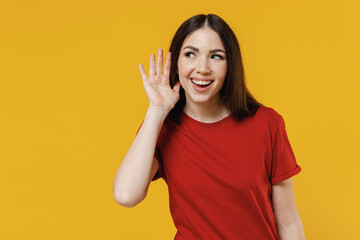 Curious nosy beautiful fun young brunette woman 20s wear basic red t-shirt try to hear you overhear...