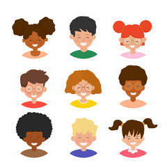Big set of kids faces. Happy cute cartoon boys and girls avatars. Multiracial smiling children. Vector collection.