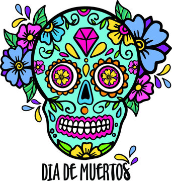 Typography Mexican sugar skull print with floral ornament, Day of the death vector Illustration. 
