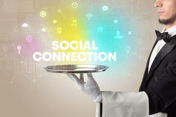 Waiter serving social networking concept