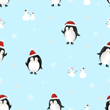 Seamless 3D penguin, snowflakes and snow man on blue pastel, Cute cartoon pattern background for Winter or Christmas holiday.Minimalistic designs for wrapping paper, Printing and textile for children