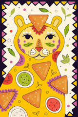 Mexican fast food nachos hand drawn poster for mexico cuisine restaurant menu. Eatery advertising banner with Latin American puma cougar and traditional snack nacho and guacamole, salsa, cheese sauce
