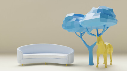 3D rendering of a white sofa, blue tree and yellow horse on a beige background © Rossouw Malan/Wirestock