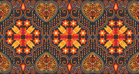 Seamless red-orange fabric pattern adorned with traditional Central Asian motifs.EP.8.
