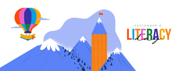 Literacy Day card pencil book mountain landscape