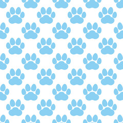 Blue paw print seamless repeating background pattern. Cat or dog footprints. Vector illustration. 