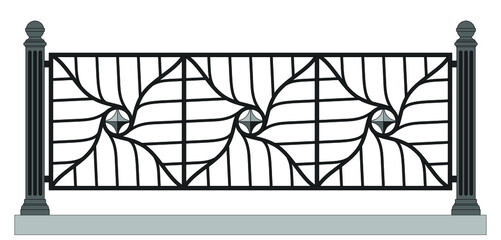 Iron railings with metal pillars. Handrails. Metal work. Blacksmithing. Decor. landscape design. Modern architecture. Street. Wrought iron fence. Isolated. White background. Template. Vector.
