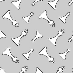 Outlined white chess king and pawn figures, silhouettes vector seamless pattern background.
