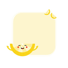 Cute cartoon style yellow smiling lemon slice character with blank square frame, card template, background. 
