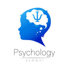 Child blue logotype in vector with brain and psychology sign. Silhouette profile human head. Concept logo for people, children, autism, kids, therapy, clinic, education. Template symbol, modern design