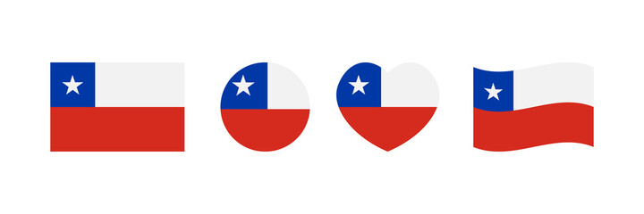 Set, collection of Chile flags in different sizes and shapes for national and public holidays.