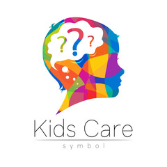 Child logotype with brain and question in rainbow colors, vector. Silhouette profile human head. Concept logo for people, children, autism, kids, therapy, clinic, education. Template modern design
