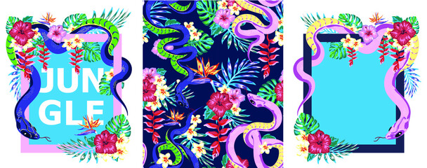 set of frame designs with snake and tropis flowers in the jungle, jungle pattern swatch, t shirt print, sticker design