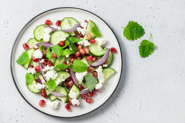 Healthy pomegranate cucumber salad, red onion mint vinegar gressing. Space for text, top view.