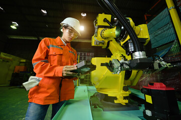 woman engineering in action of takes control the movement of robotics machinery, inspect the system to ensure the precision movement are working under the programs recording controller