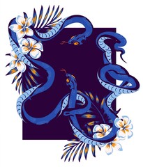 snake with tropis flowers in the jungle, tattoo sketch, t-shirt print, sticker design