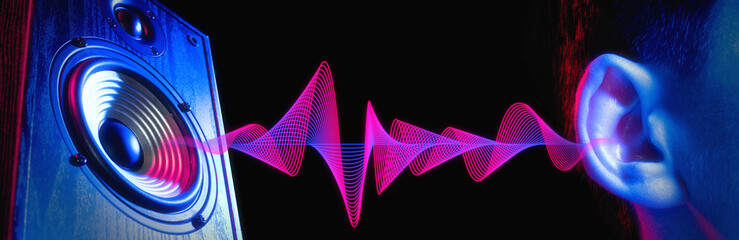 Sound wave. Transfer of sound from the speaker to the human ear. Loud noise. Deafness. - obrazy, fototapety, plakaty