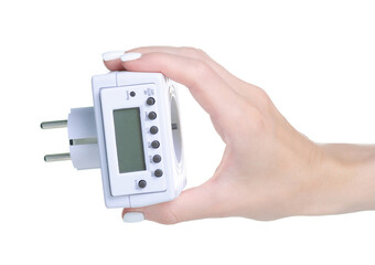 electric timer 220V in hand on white background isolation