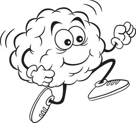 Black and white illustration of a brain running while wearing athletic shoes.