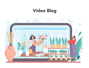 Florist online service or platform. Floral designer making bouquet