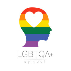 Vector LGBTQA logo symbol. Pride flag background. Icon for gay, lesbian, bisexual, transsexual, queer and allies person. Can be use for sign activism, psychology or counseling. LGBT logotype on white. - 446085761
