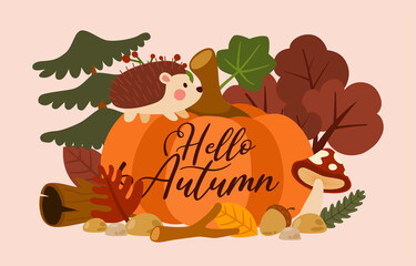 Hedgehog On Pumpkin With Dried Leaves And Autumn Elements