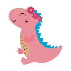 Dinosaur cute character. Dinosaur and flowers. Pink dinosaur. Vector.