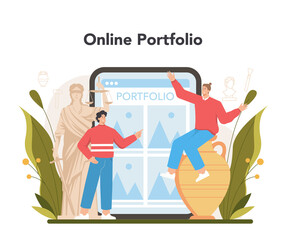 Restorer online service or platform. Artist restores old statue, painting