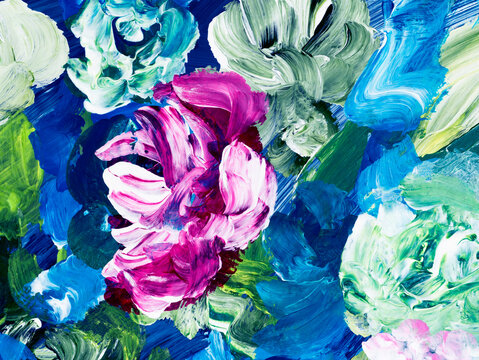 Abstract painting bright flowers, original hand drawn, impressionism style, color texture, brushstrokes of paint,  art background.