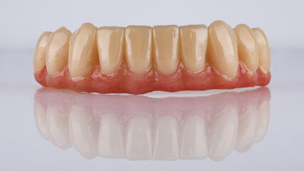 excellent dental prosthesis of the lower jaw with artificial gum on a white background with reflection