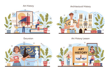 History of art school education set. Student studying art history. Teacher tell