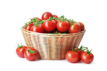 Composition of fresh ripe branches cherry tomatoes in basket isolated on white background