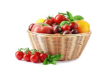 Composition of fresh ripe tomatoes of different varieties in a basket isolated on white background