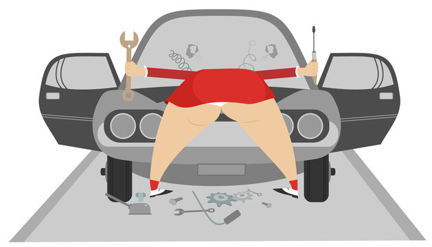 Funny cartoon big bottom women repairs a car
