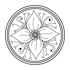 Mandala design element. Symmetric round ornament. Abstract doodle flower. Coloring page. Vector illustration