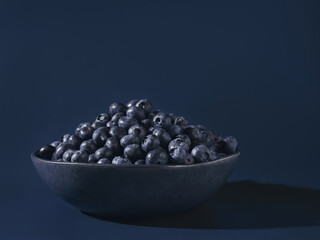 Blueberries in a bowl on a blue background