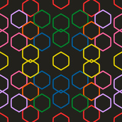 Colorful hexagons and black background. Seamless multicolor hexagons ornament. Vector.