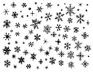 Vector set of snowflakes. hand-drawn in doodle style isolated collection of different shapes of snowflakes and snow flakes with a black line on a white background for a winter design template. the sym