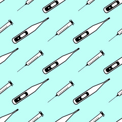 Vector seamless repeating simple pattern with syringe and thermometer on a blue background. Vector illustration for fabric, textile, poster, wrapper, card, clothes