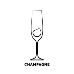 Glass champagne with a drop of drink inside. Contour line art in flat style. Restaurant alcoholic illustration for celebration design. Beverage outline icon with text. Isolated on white background