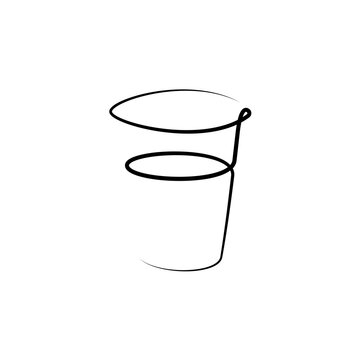 Vodka wineglass with a beverage on white background. Graphic arts sketch design. Black one line drawing style. Hand drawn image. Alcohol drink concept for restaurant, party. Freehand drawing style