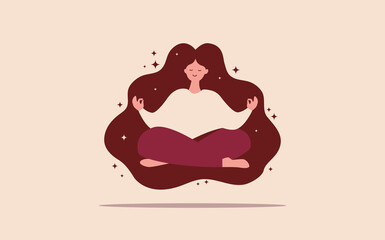 Beautiful woman sitting in a cross-legged lotus position. Yoga and mindfullness concept. Minimalist flat vector illuatration of girl meditating