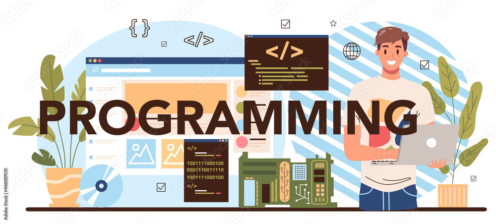 Poster programming typographic header. it education, student write software